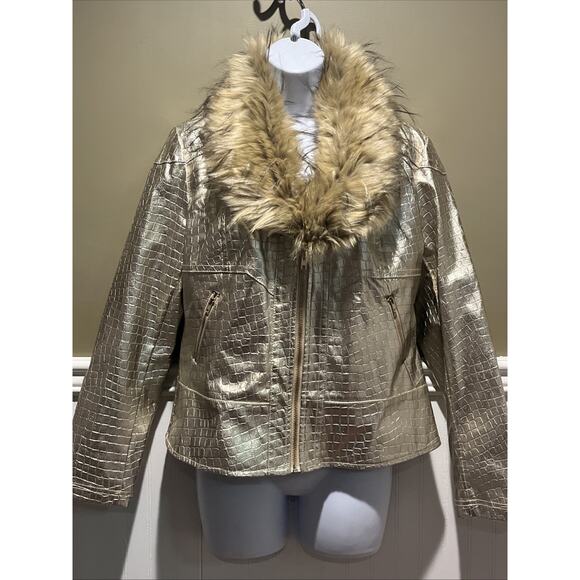 V Cristina Faux Leather Crocodile Textured Jacket Gold Faux Fur Trim Size M - Picture 3 of 12